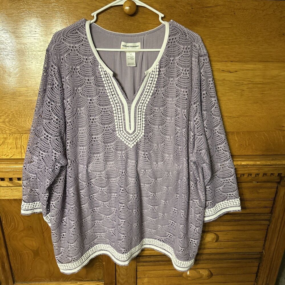 Alfred Dunner Boho Chic Lavender Crochet Lace Tunic Blouse Lined 3/4 Sleeve Top